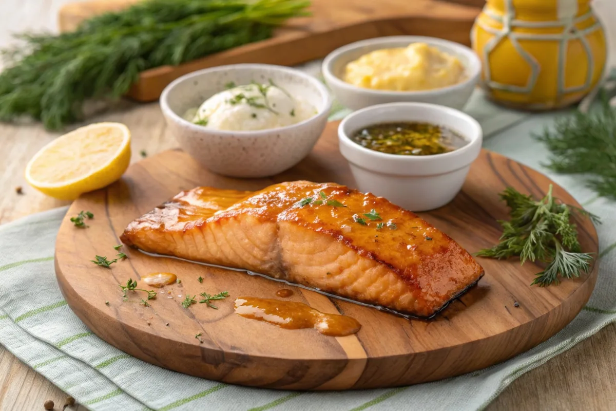 Salmon fillet with honey glaze and sauce options on a rustic plate.