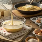 Buttermilk being poured into pancake mix with eggs and butter on a wooden countertop.