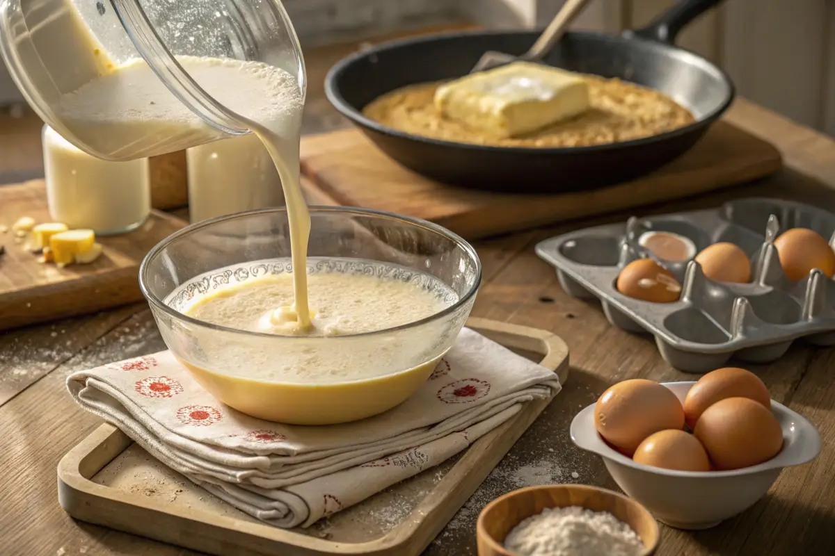 Buttermilk being poured into pancake mix with eggs and butter on a wooden countertop.