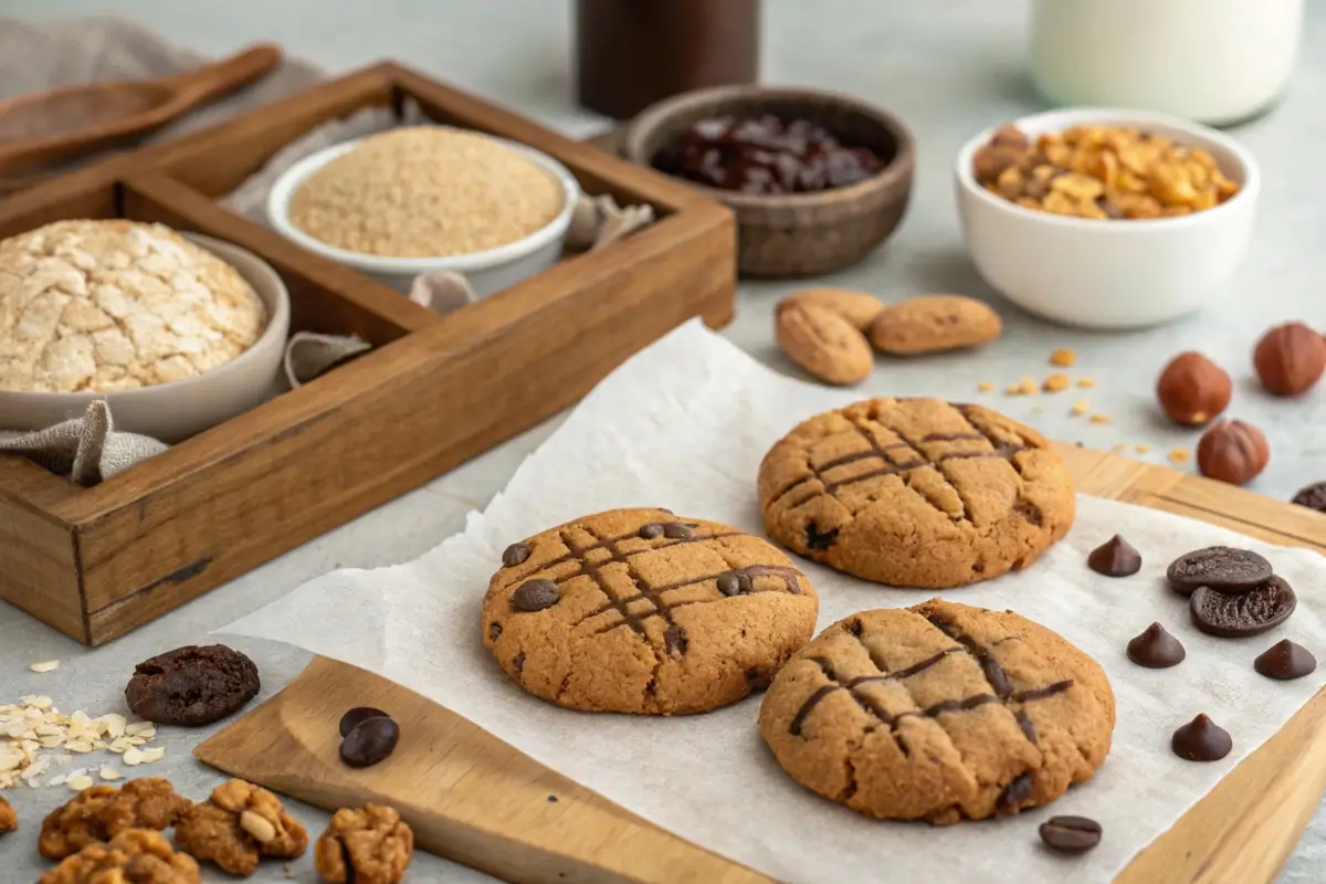 Detailed protein cookie-making in a modern kitchen setting.