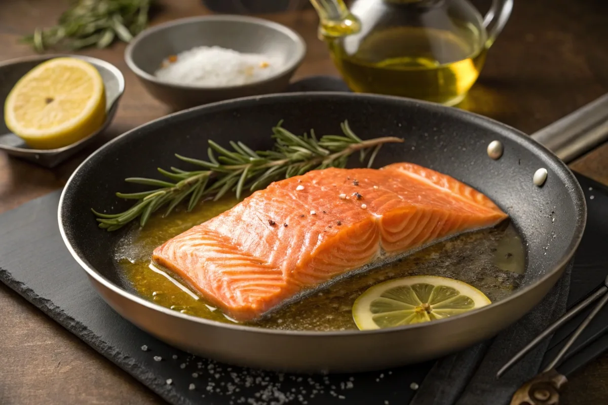 Salmon fillet sizzling with butter on one side and oil on the other.