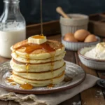 Stack of fluffy buttermilk pancakes with syrup and butter, surrounded by ingredients.