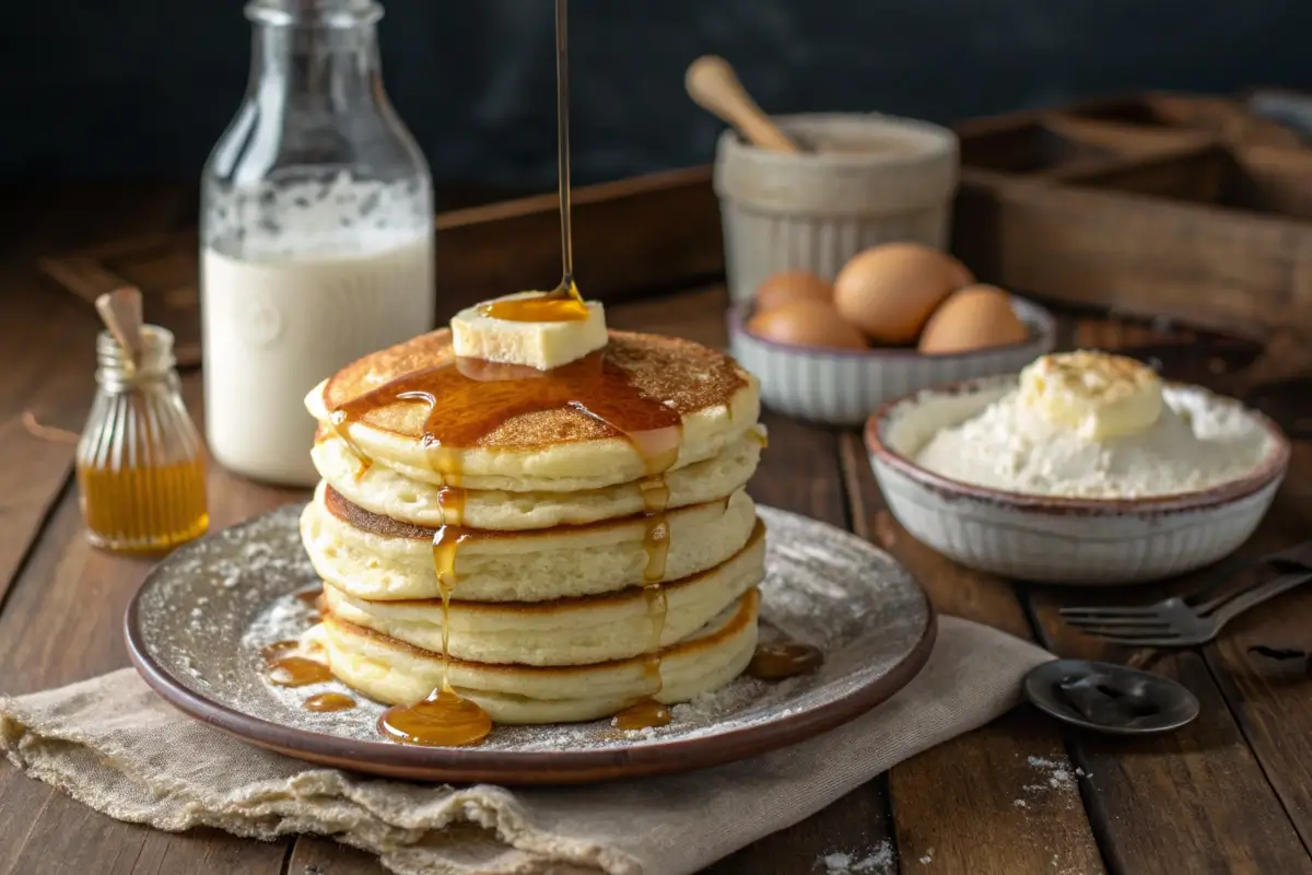 Stack of fluffy buttermilk pancakes with syrup and butter, surrounded by ingredients.