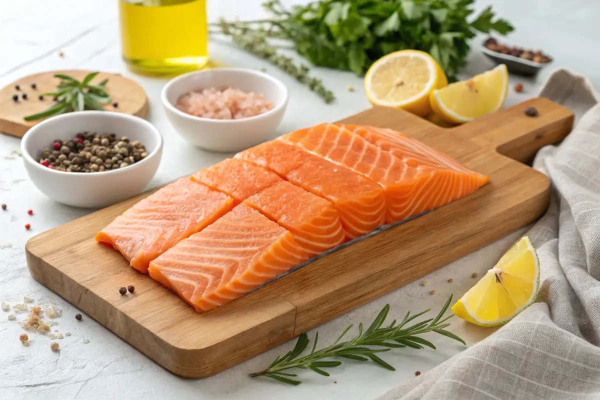 Salmon cubes neatly arranged on a wooden cutting board.