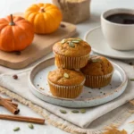 Protein pumpkin muffins on a plate with batter-filled muffin tray and baking ingredients nearby.