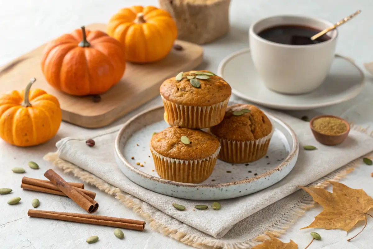 Protein pumpkin muffins on a plate with batter-filled muffin tray and baking ingredients nearby.