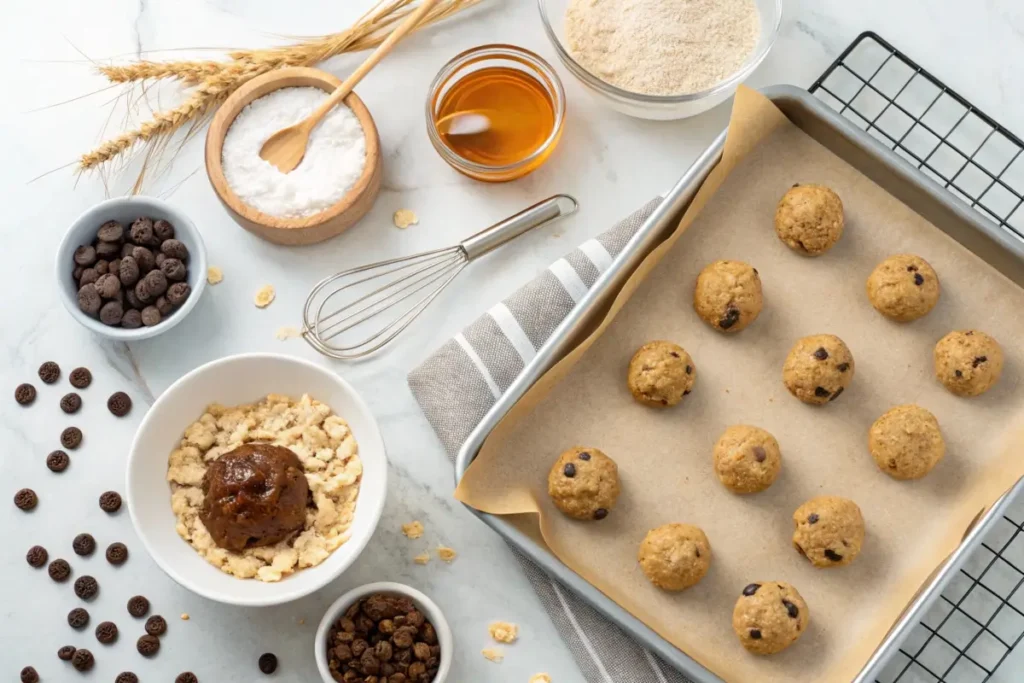 Step-by-step process of making protein cookies in a rustic kitchen.