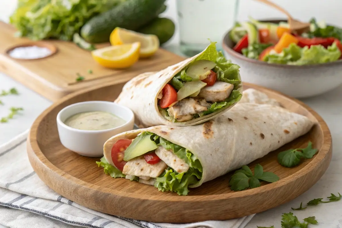 Grilled chicken wrap with fresh vegetables on a wooden plate.