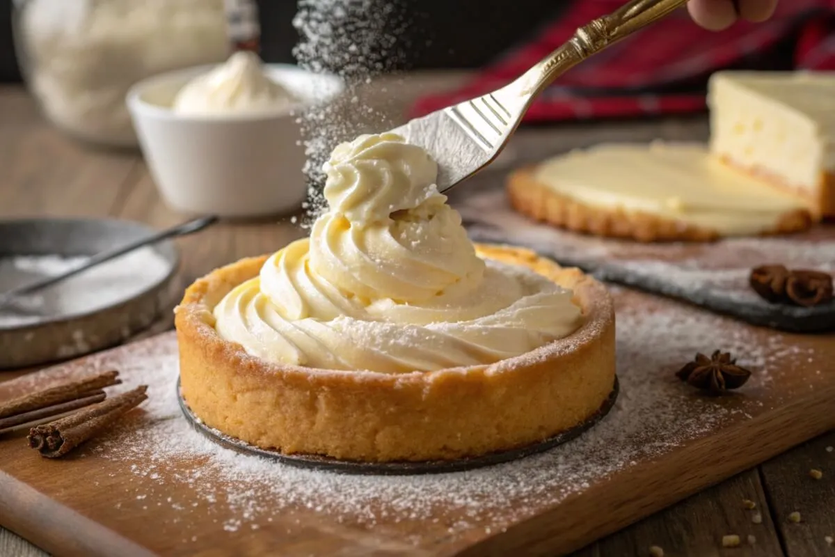 Cream cheese filling spread on a cake layer