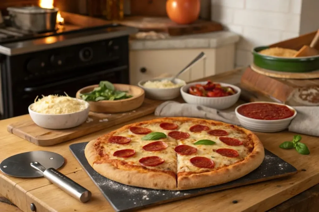 10-inch pizza with six slices on a wooden table.making process