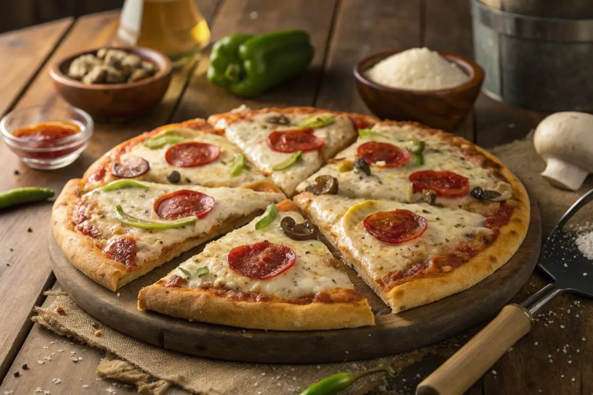 Close-up of a 10-inch pizza sliced into 6 even pieces.