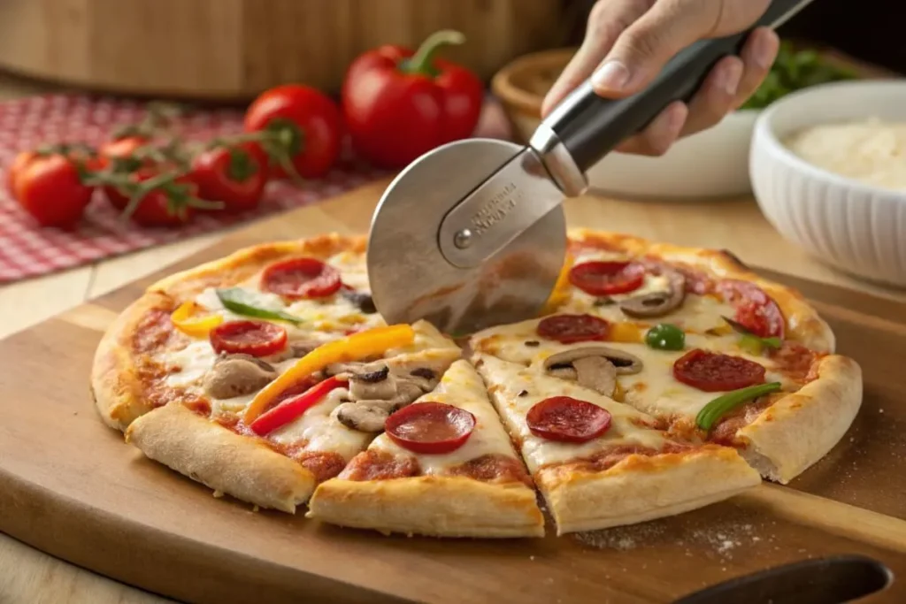 A 10-inch pizza being sliced with a cutter on a wooden board.