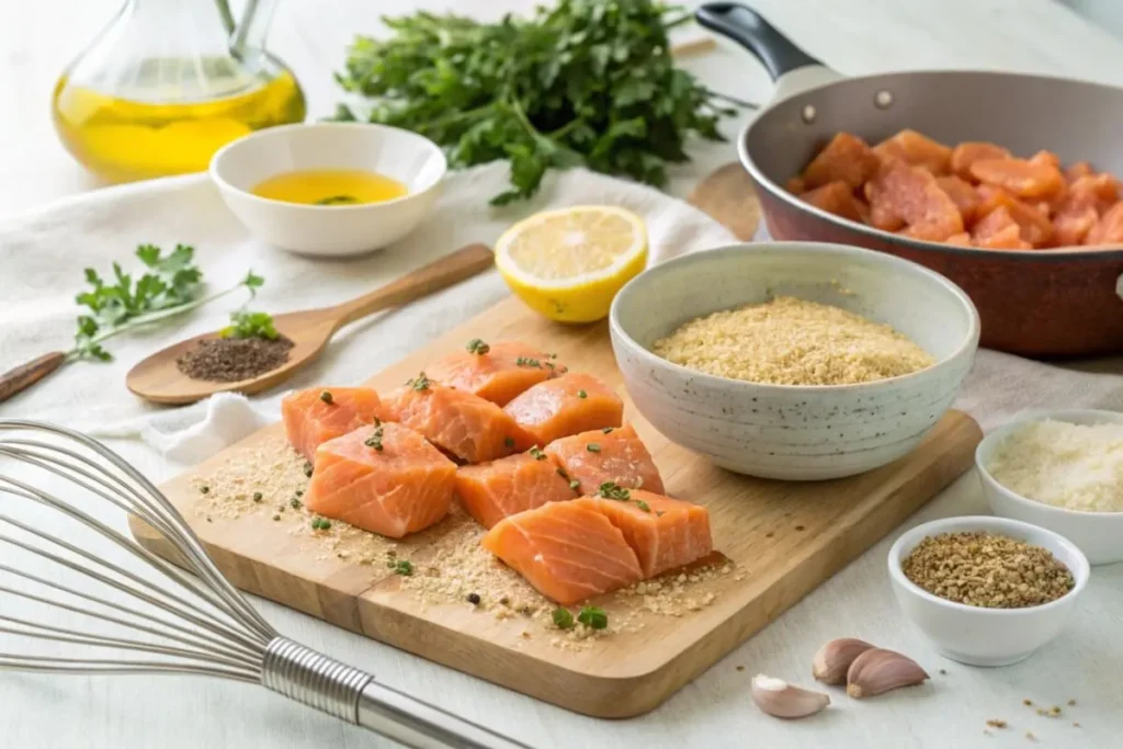 Kitchen scene showcasing the making of salmon bites, with fresh salmon fillets, breadcrumbs, olive oil, garlic, lemon, spices, and herbs. Includes a mixing bowl, diced salmon, and a skillet cooking golden salmon bites.