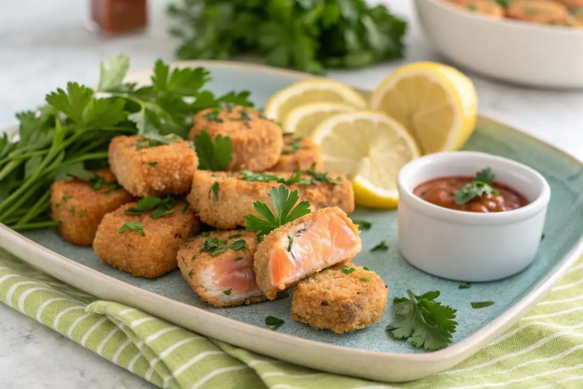 Baked salmon bites served on a white plate with lemon and fresh dill