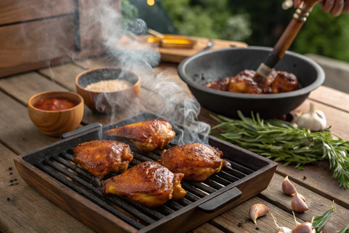 Smoked chicken thighs on a grill with crispy skin