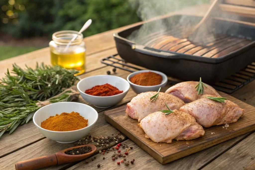 Outdoor barbecue scene with raw chicken thighs seasoned with paprika, garlic, onion powder, cayenne, brown sugar, and black pepper, alongside a bowl of marinade and smoking grill in the background.