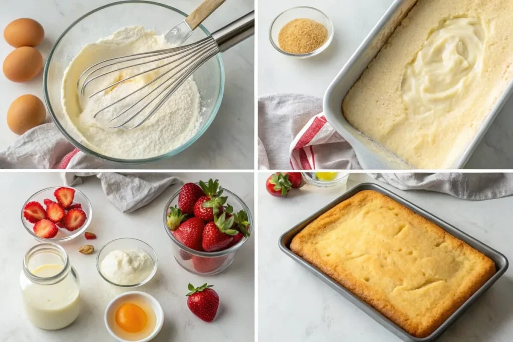 Step-by-step process of making strawberry tres leches cake, featuring batter preparation, soaking the cake in three-milk syrup, whipped cream topping, and fresh strawberry garnishing.