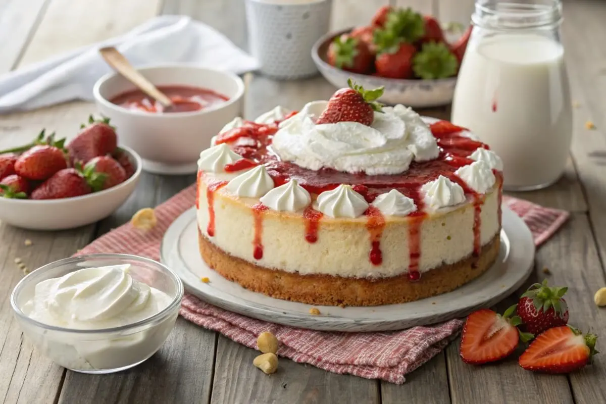 strawberry tres leches cake on a white plate with fresh strawberries