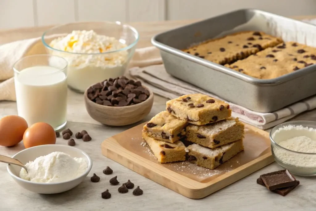 Cozy kitchen countertop with Toll House Cookie Bars in various stages of preparation, including a mixing bowl, ingredients, partially baked dough, and finished bars stacked with gooey chocolate chips, accompanied by a glass of milk.