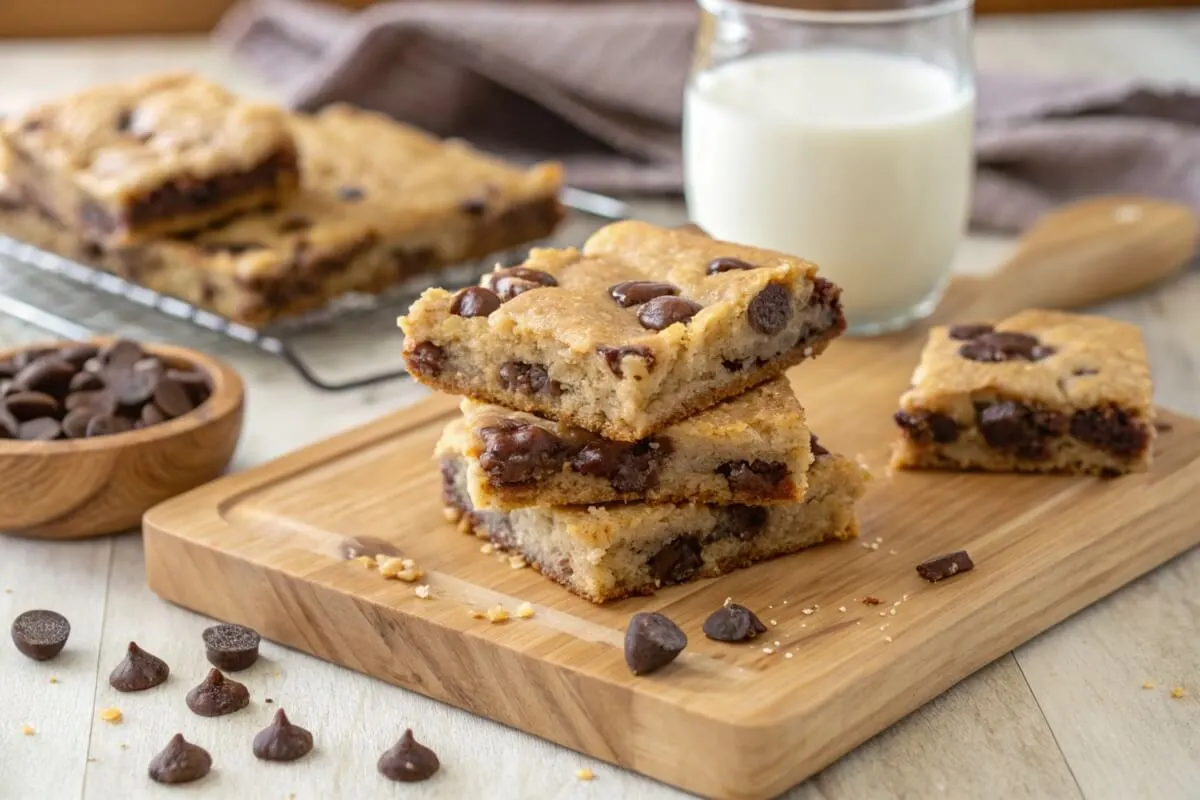 Soft, chewy Toll House Cookie Bars stacked on a wooden cutting board with melting chocolate chips, surrounded by scattered chocolate chips and a glass of milk in a cozy kitchen setting.