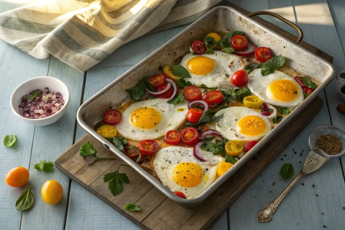 Sheet pan eggs freshly baked with vegetables and herbs