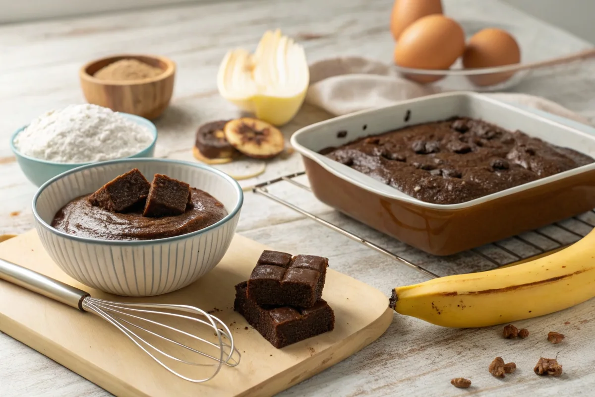 A bowl of brownie batter with mashed bananas as an egg substitute, surrounded by baking ingredients.