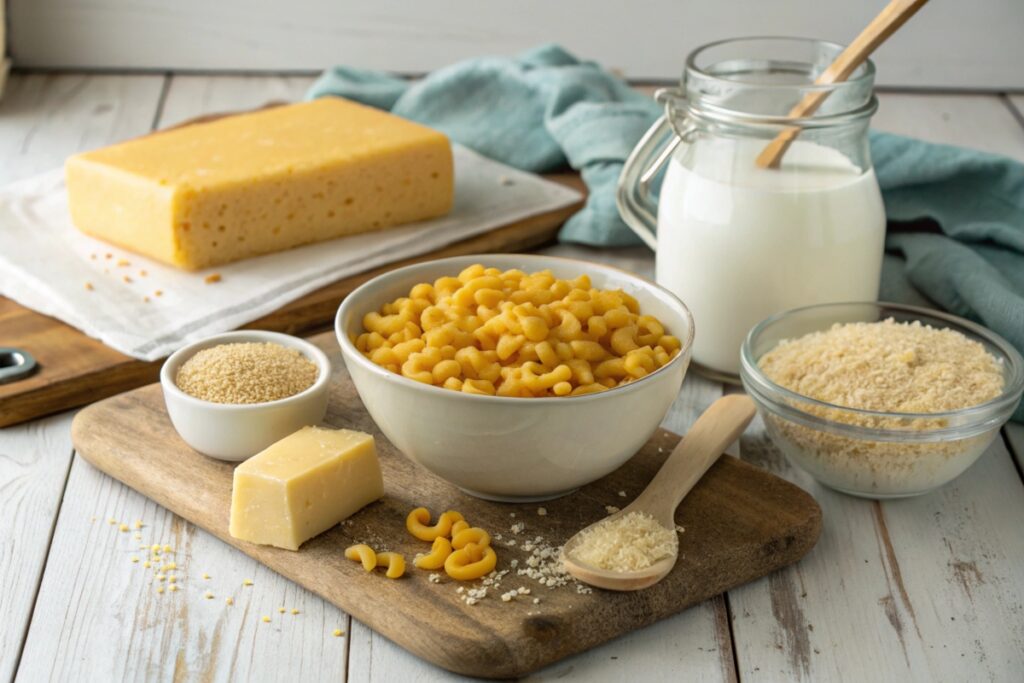 Step-by-step process of making baked macaroni and cheese.