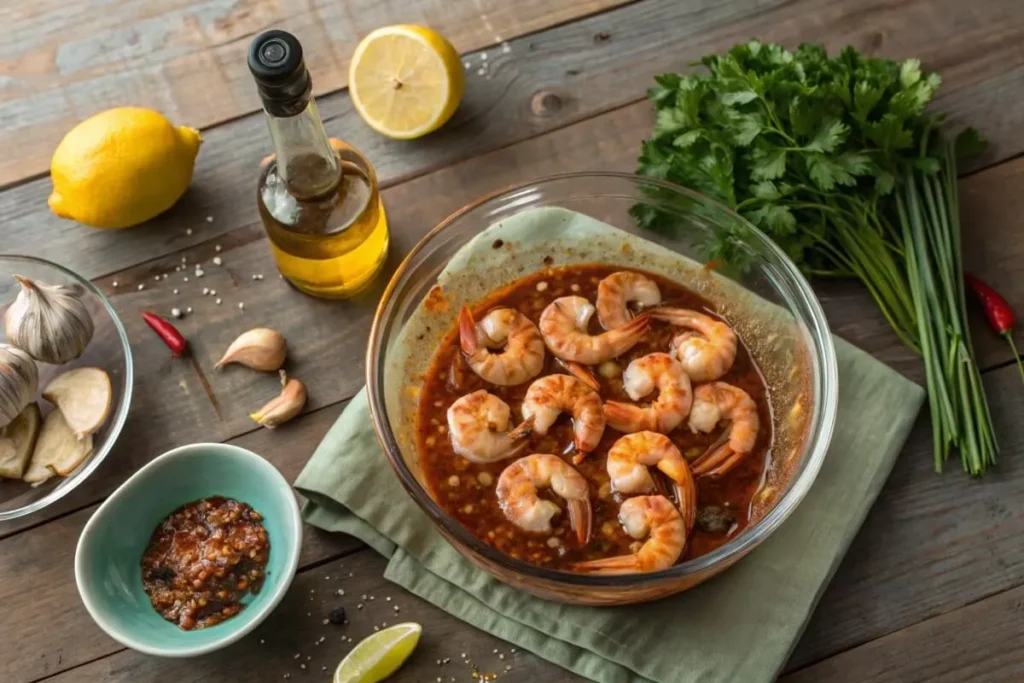 Top-down view of raw shrimp marinating in BBQ sauce surrounded by fresh ingredients like garlic, lemon, paprika, chili flakes, olive oil, and skewers on a rustic wooden countertop.