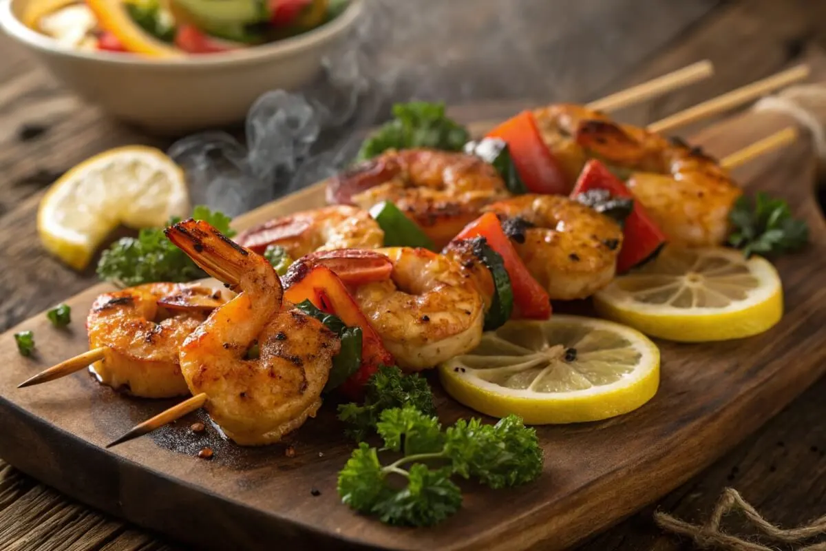 Grilled BBQ shrimp on skewers with lemon wedges