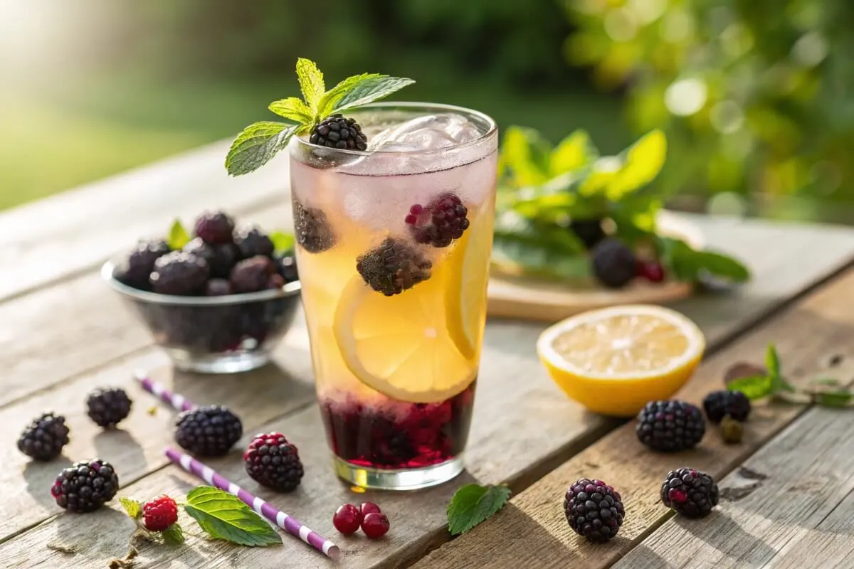 A glass of fresh blackberry lemonade garnished with mint leaves and blackberries.