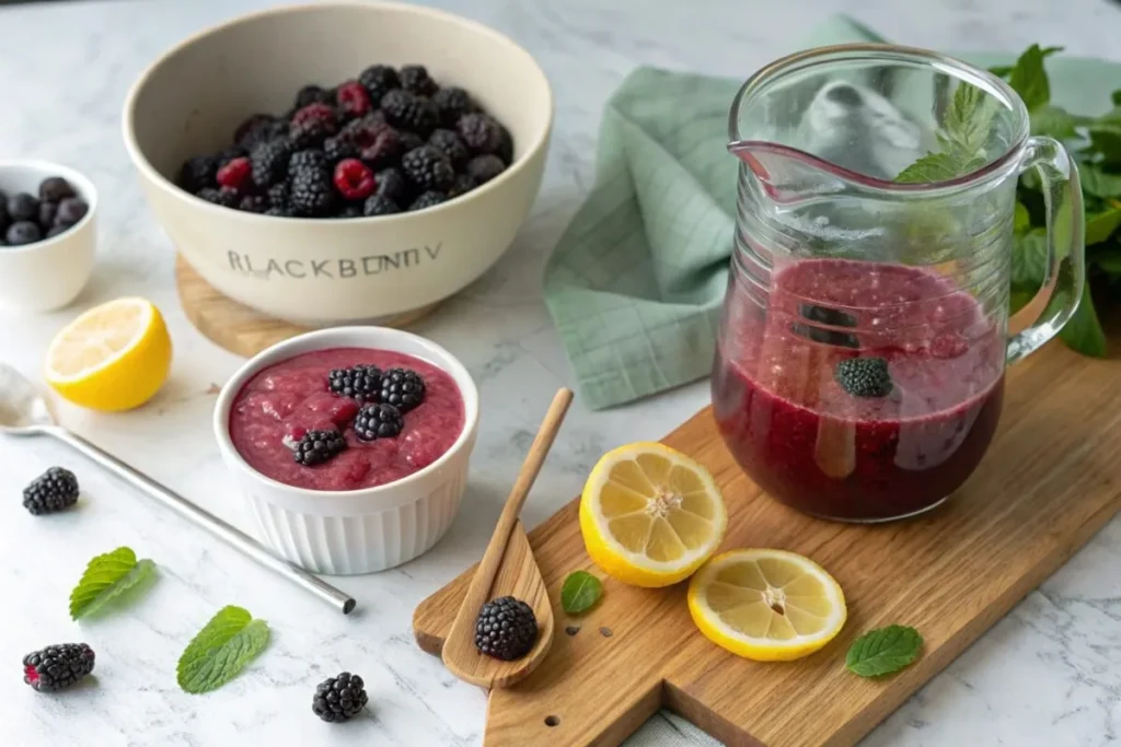 Fresh blackberries, lemons, and a jar of honey arranged on a wooden table.