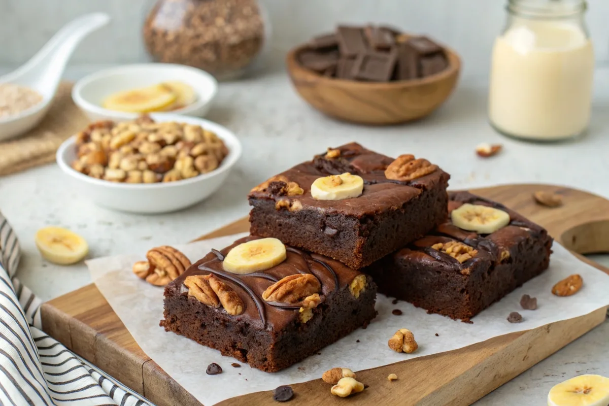 Three types of banana brownies: classic chocolate, nutty, and peanut butter swirled.