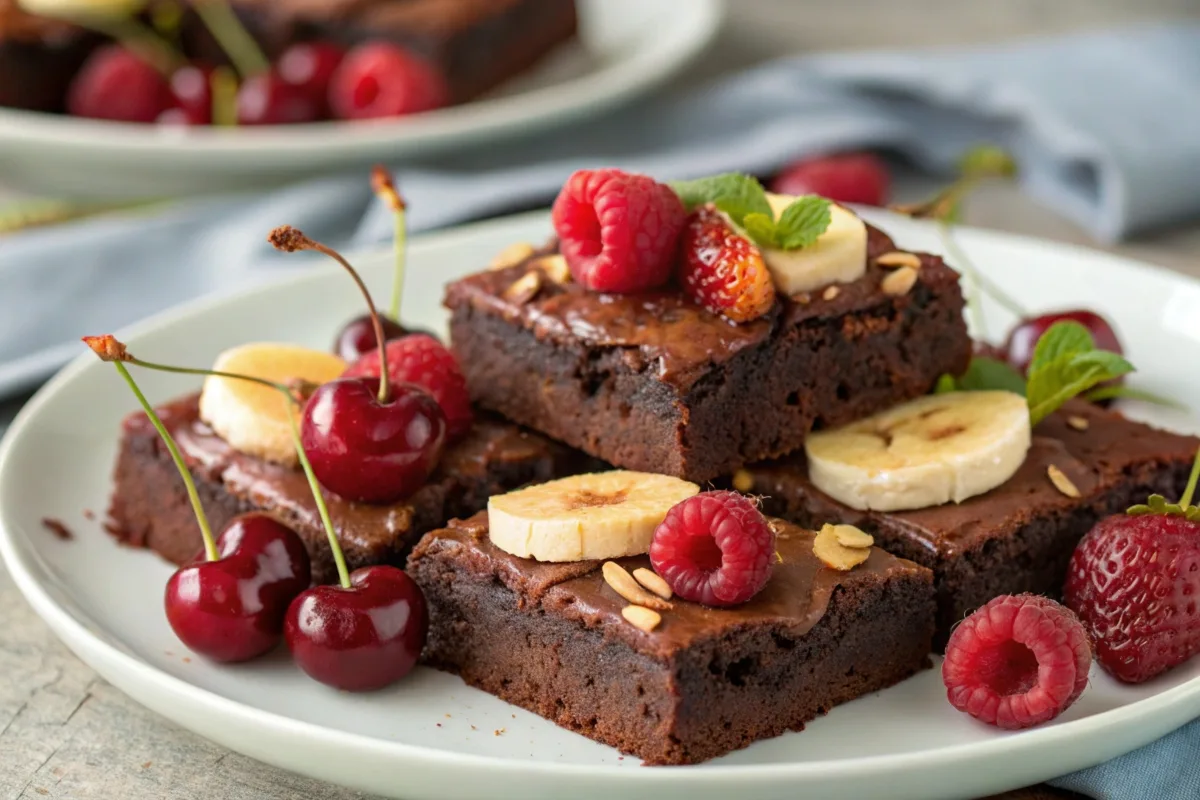 Brownies with raspberries, cherries, and bananas.