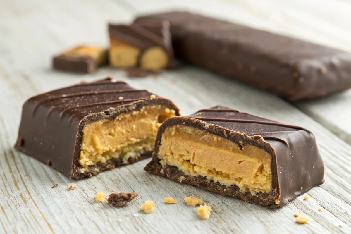 Close-up of a Butterfinger candy bar showing its flaky peanut butter core and chocolate coating.