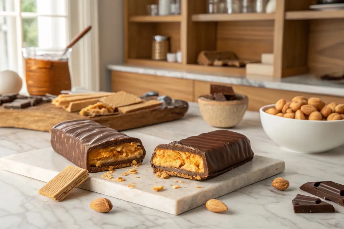 Open kitchen scene showing the making of a Butterfinger candy bar with crispy peanut butter filling being prepared and coated in chocolate, surrounded by ingredients like peanuts and sugar on a countertop.