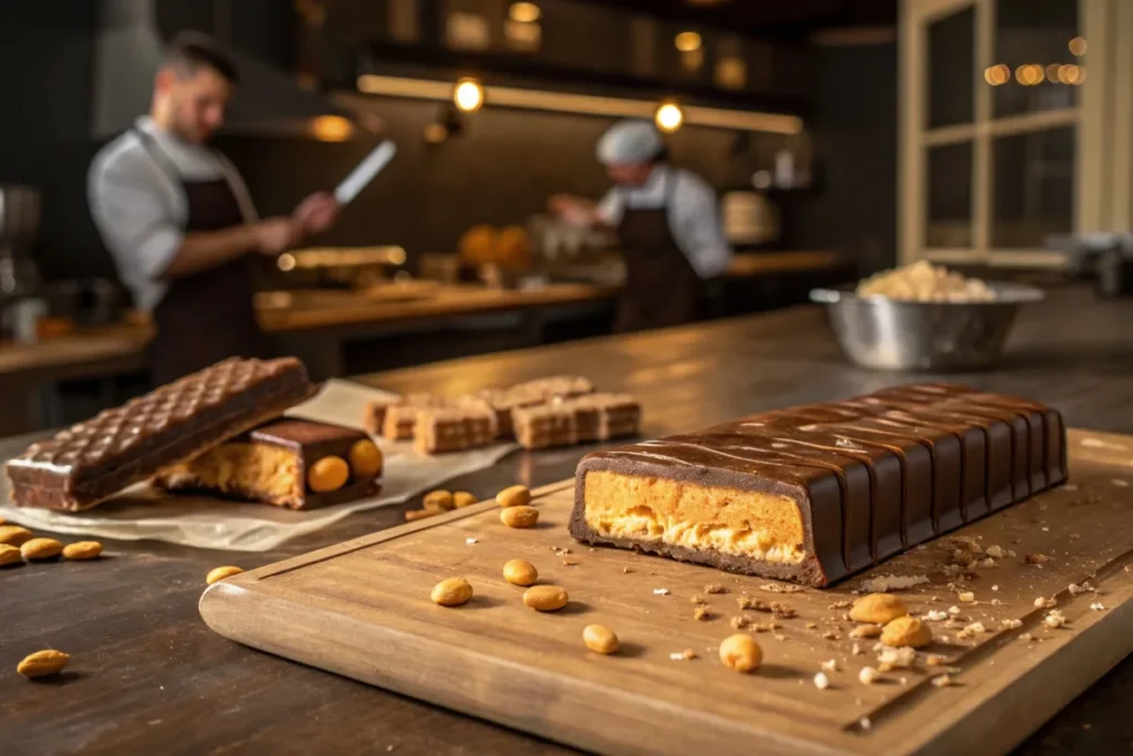 Butterfinger being made with flaky peanut butter layers and chocolate coating.