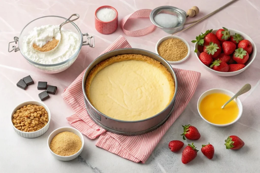 Whipping cream cheese, powdered sugar, and strawberries in a mixing bowl for the cheesecake filling.