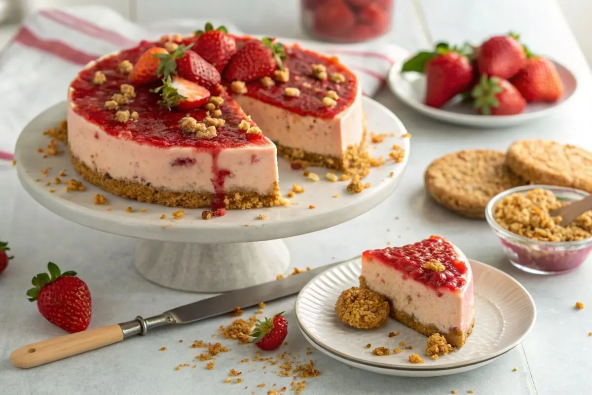 strawberry crunch cheesecake topped with fresh strawberries.