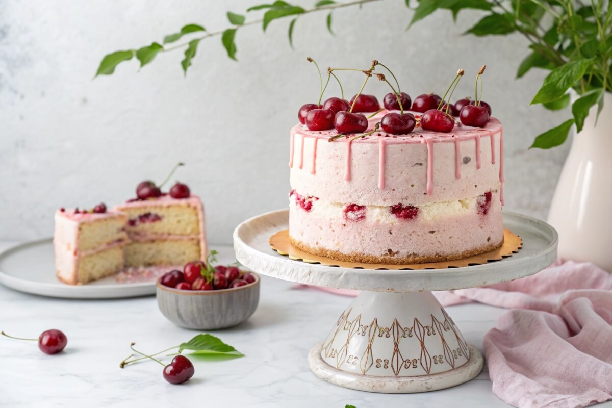 A slice of cherry chip cake with vibrant pink frosting on a white plate.