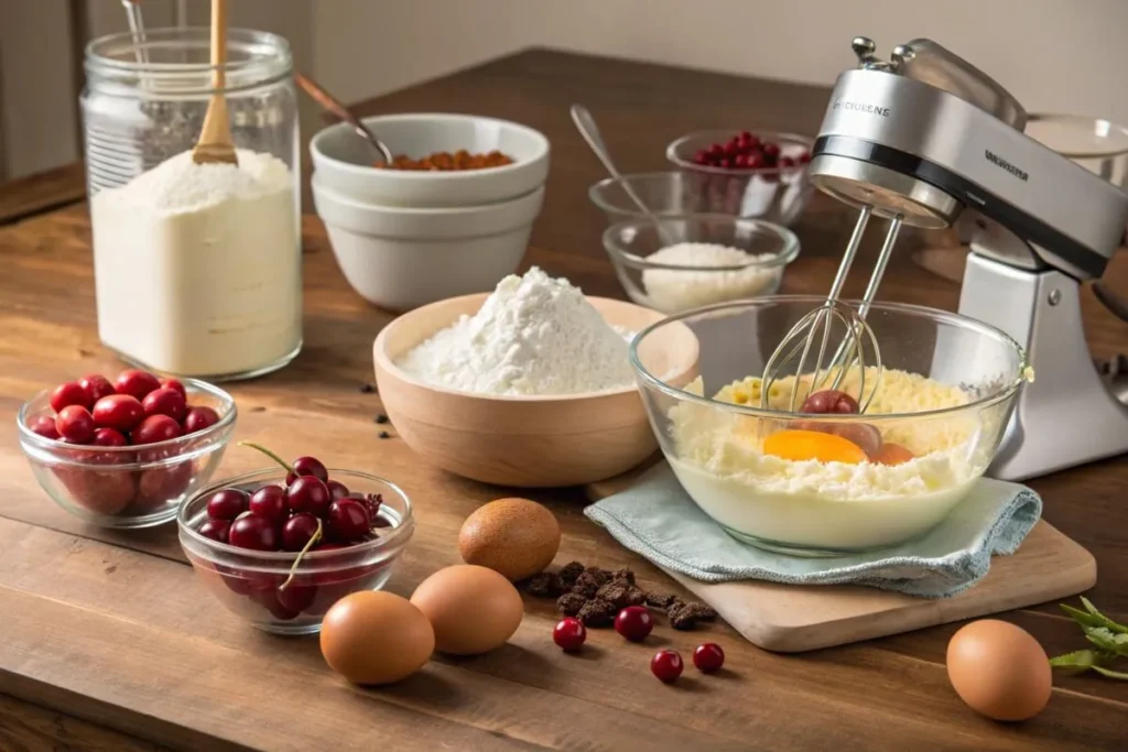 Step-by-step process of making Cherry Chip Cake, showing ingredients, mixing, baking, and decorating the cake.