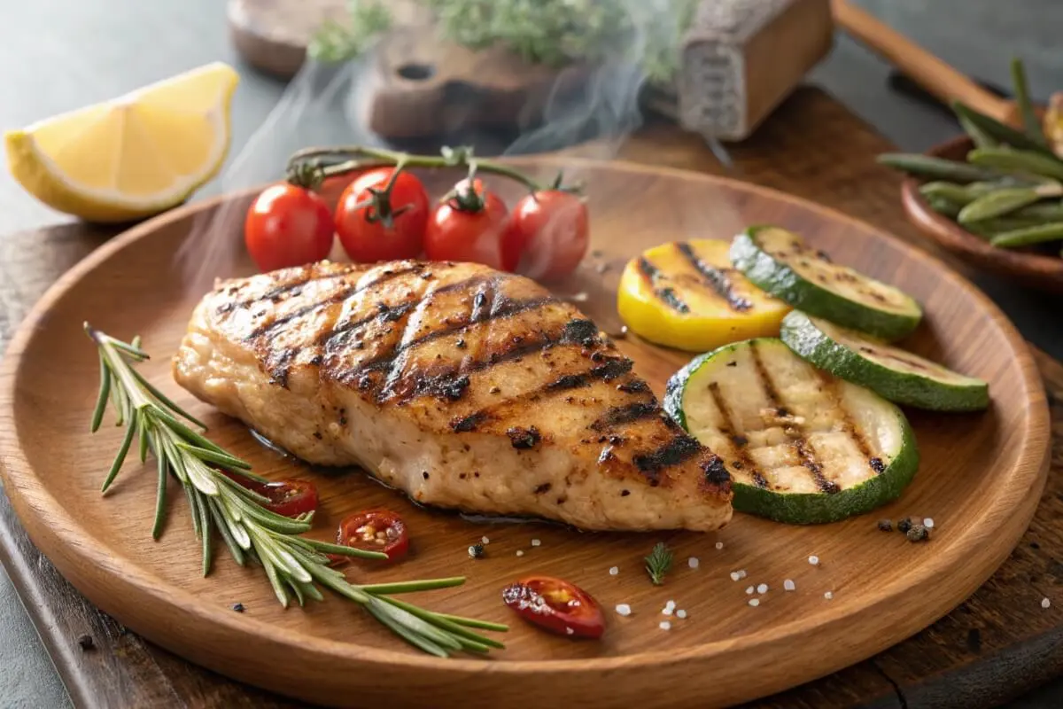 Juicy grilled chicken fillet served with lemon slices