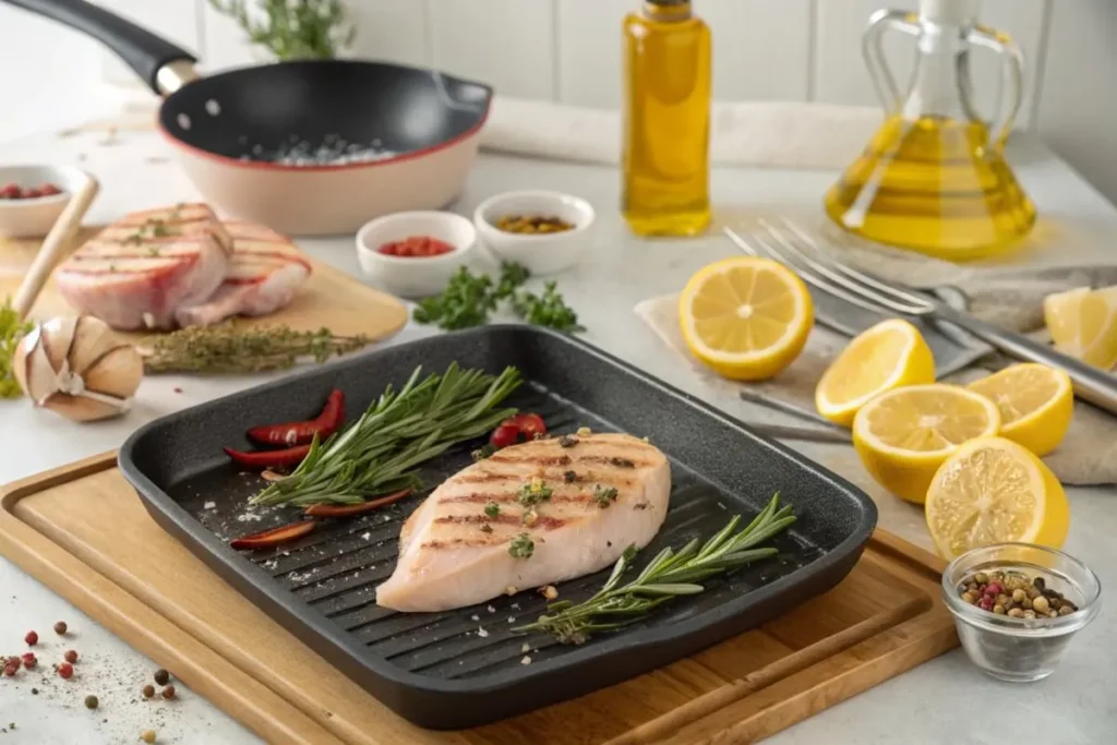 Grilled chicken fillet preparation with raw marinated chicken, fresh ingredients, and a sizzling grill pan.