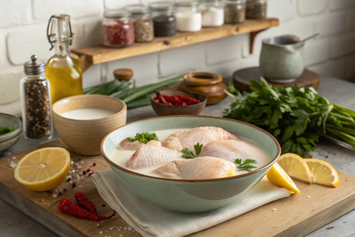 Chicken pieces soaking in milk with herbs and spices nearby.