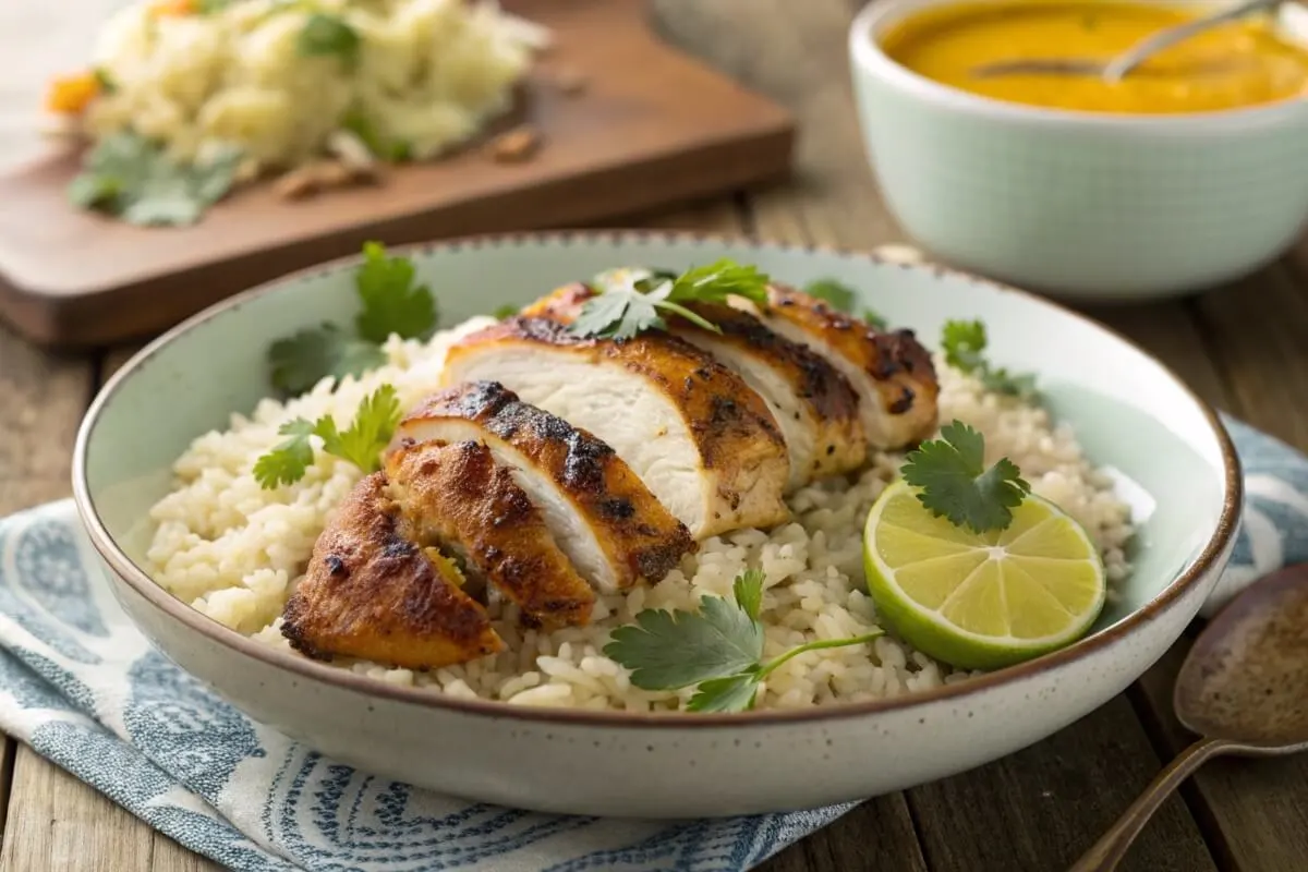 Chicken over rice served with white and red sauces.