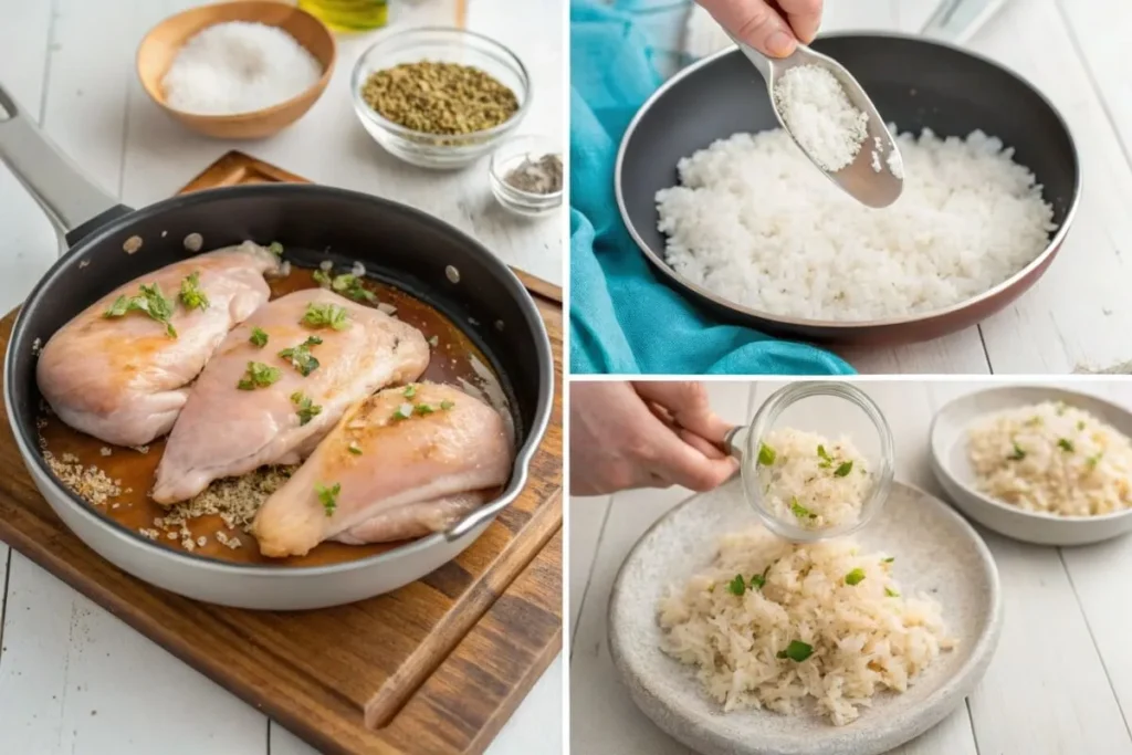 Step-by-step process of making Chicken Over Rice, from grilling chicken to serving over seasoned rice.