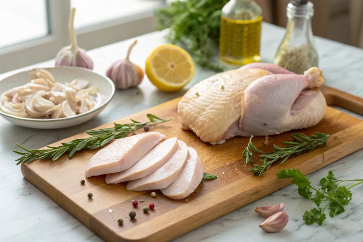 Whole chicken portion and thin fillet on a cutting board with herbs.