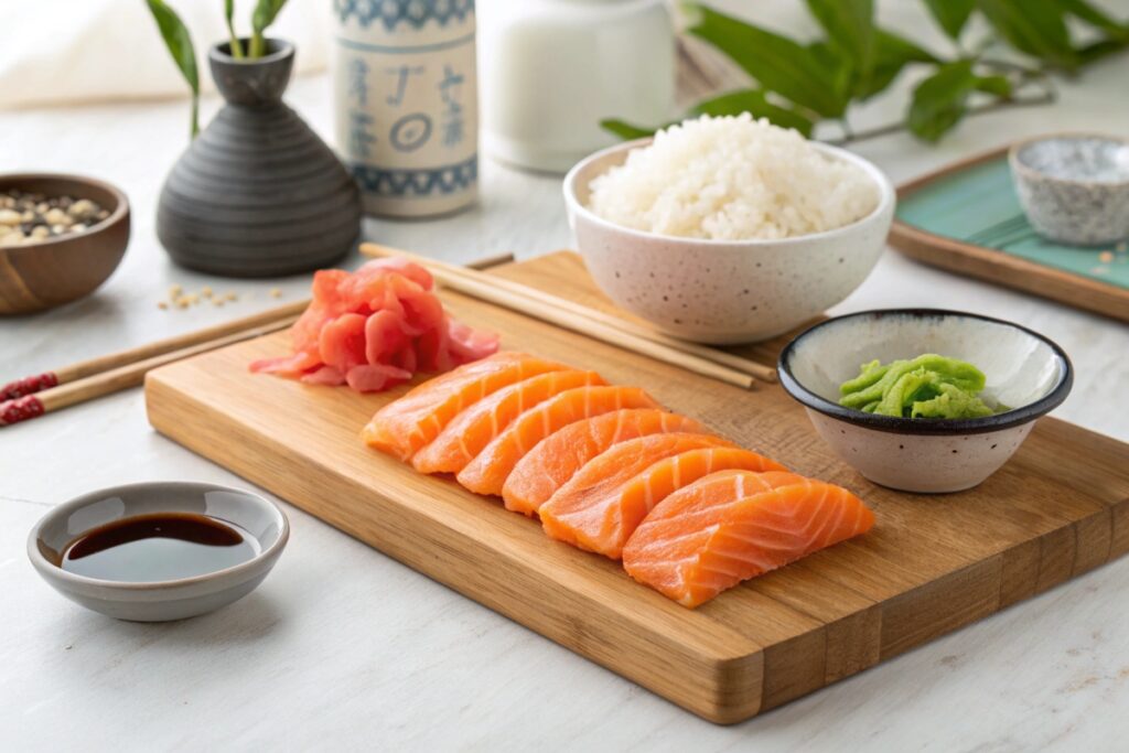 Salmon nigiri being carefully assembled step-by-step.