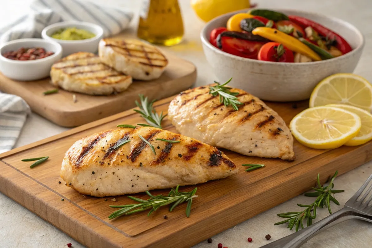 Juicy, golden chicken fillets with fresh herbs on a wooden board.