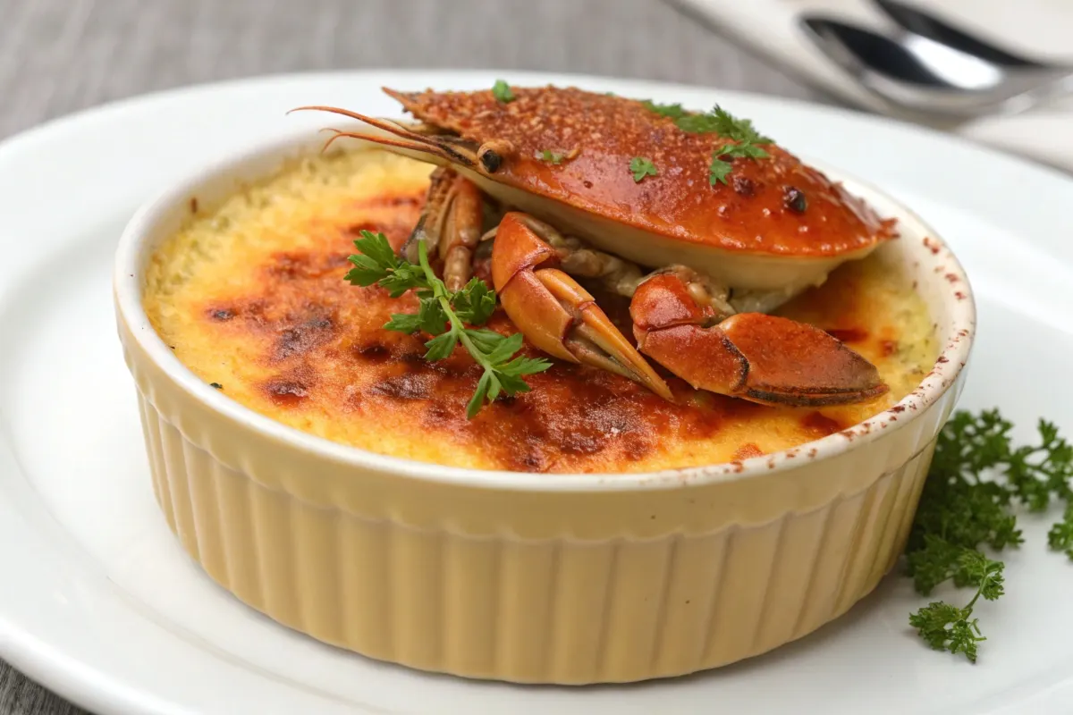 Close-up of crème brûlée with caramelized sugar topping in a white ramekin.