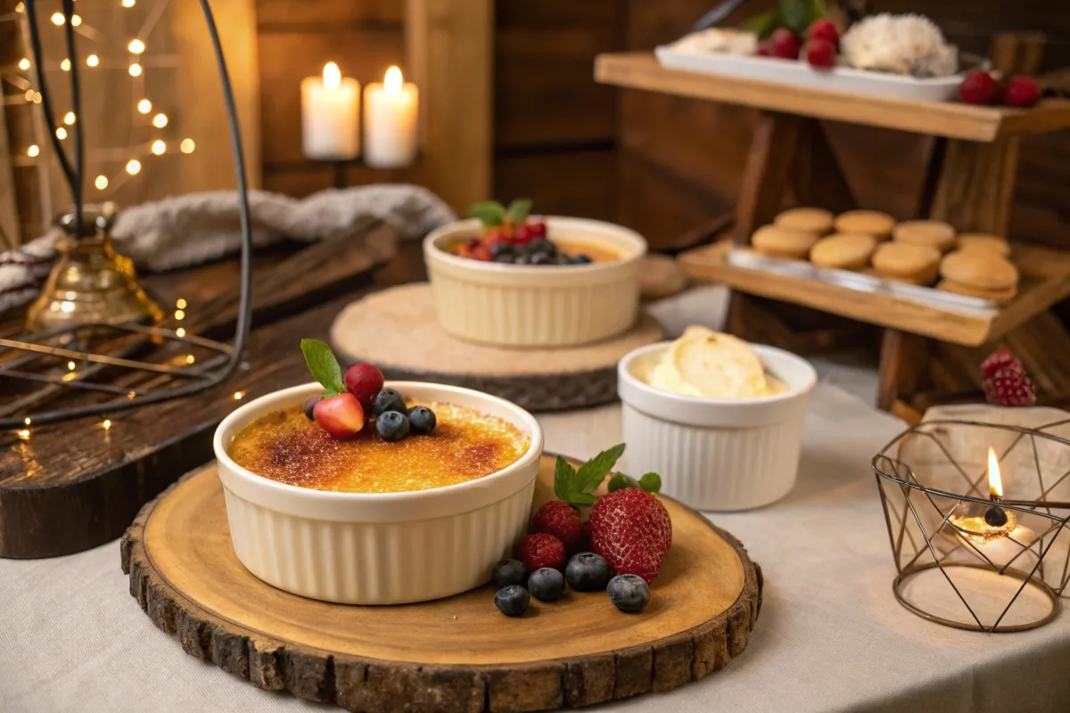 Crème brûlée with caramelized crust and custard topped with berries on a rustic table.